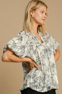 Umgee Full Size Floral Print Metallic Ruffle Blouse Plus Size - Brittney MADE