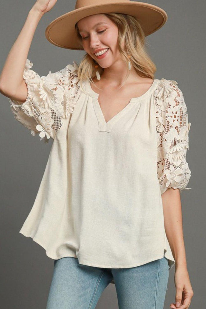 Umgee Full Size French Terry Boxy Cut Top with 3D Floral Sleeve Plus Size - Brittney MADE
