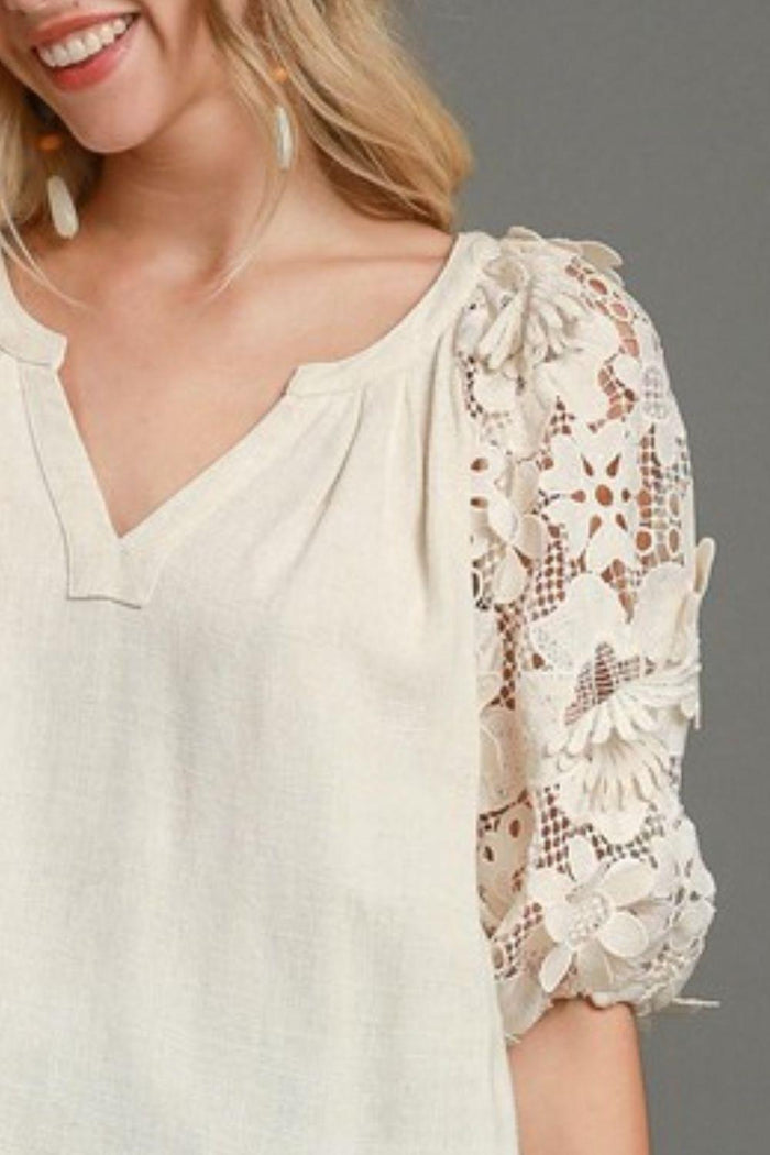 Umgee Full Size French Terry Boxy Cut Top with 3D Floral Sleeve Plus Size - Brittney MADE