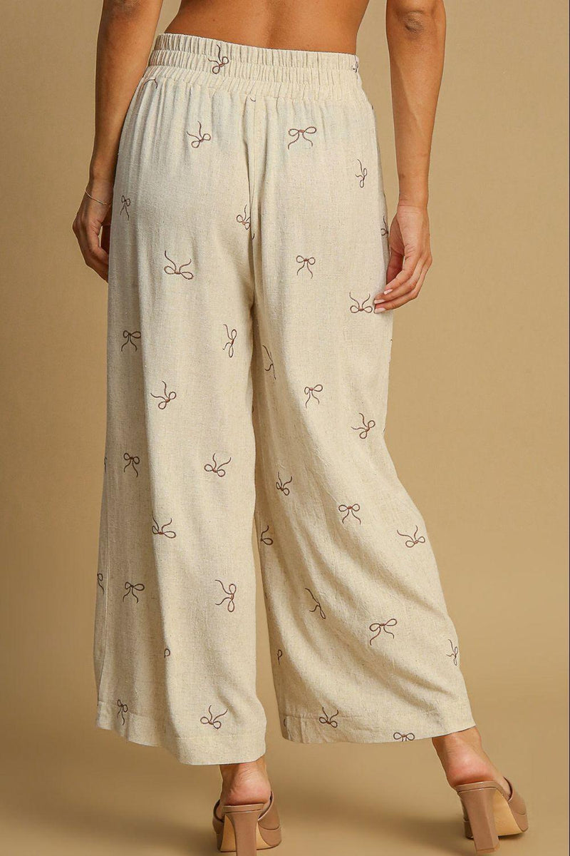 Umgee Full Size Lace Drawstring Embroidered Bow Wide Leg Pants Plus Size - Brittney MADE