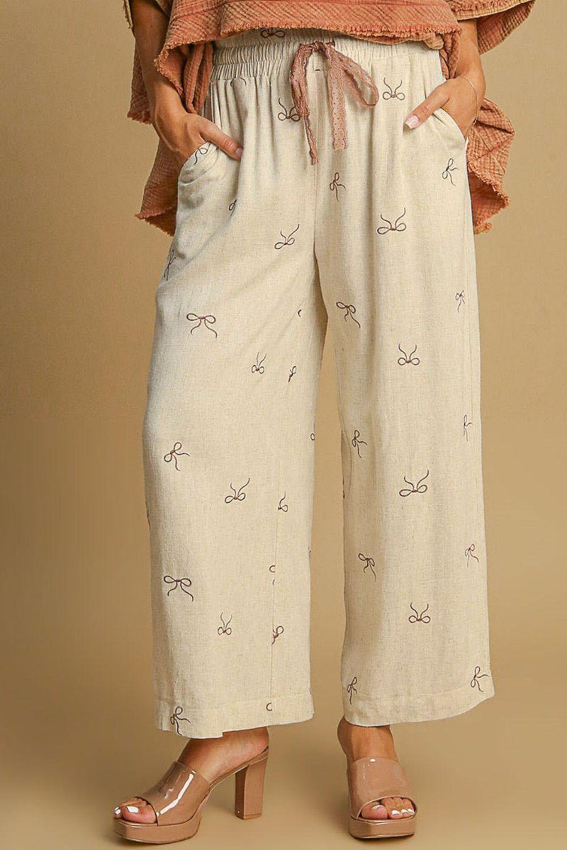 Umgee Full Size Lace Drawstring Embroidered Bow Wide Leg Pants Plus Size - Brittney MADE