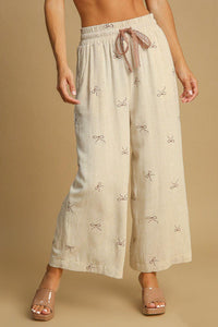 Umgee Full Size Lace Drawstring Embroidered Bow Wide Leg Pants Plus Size - Brittney MADE