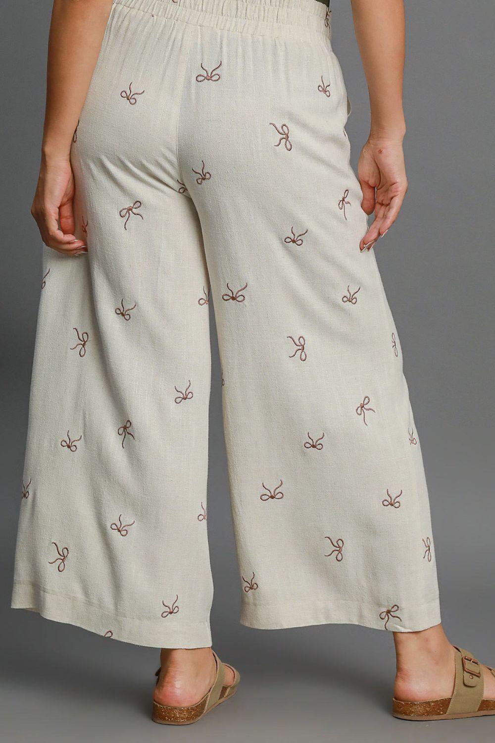 Umgee Full Size Lace Drawstring Embroidered Bow Wide Leg Pants Plus Size - Brittney MADE