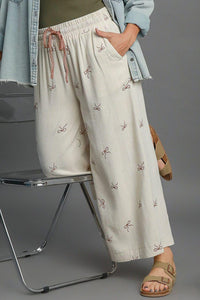 Umgee Full Size Lace Drawstring Embroidered Bow Wide Leg Pants Plus Size - Brittney MADE