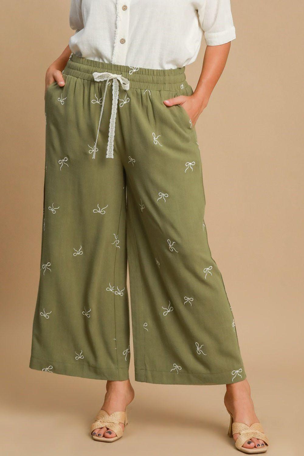Umgee Full Size Lace Drawstring Embroidered Bow Wide Leg Pants Plus Size - Brittney MADE