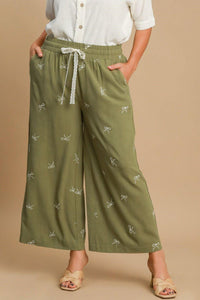 Umgee Full Size Lace Drawstring Embroidered Bow Wide Leg Pants Plus Size - Brittney MADE