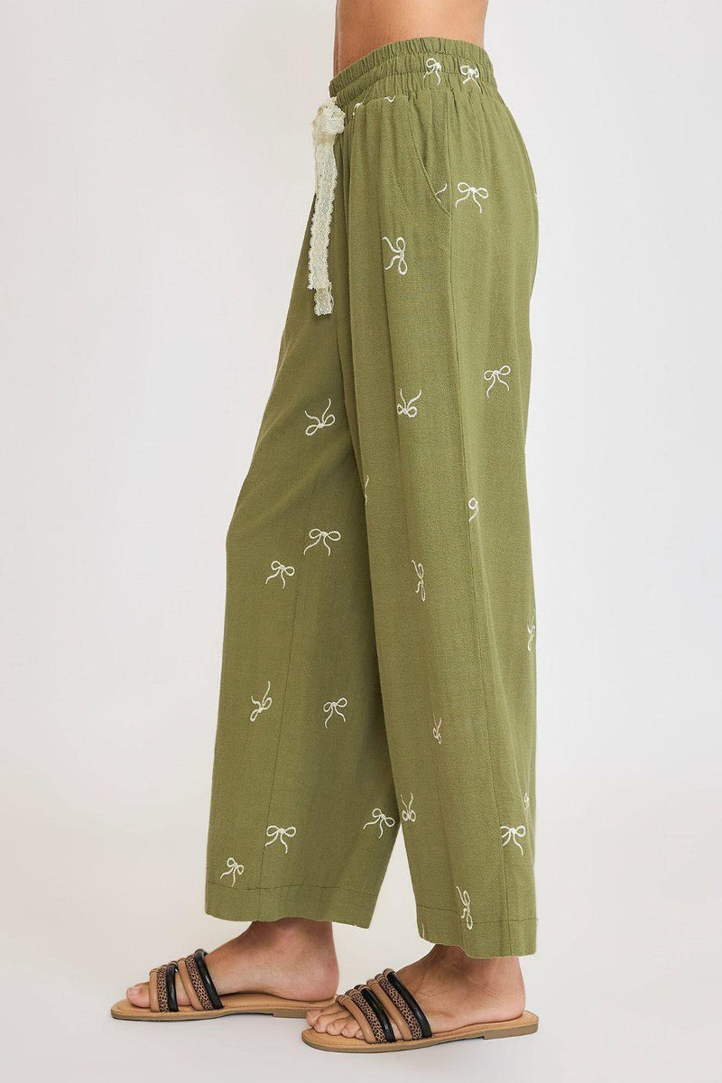 Umgee Full Size Lace Drawstring Embroidered Bow Wide Leg Pants Plus Size - Brittney MADE