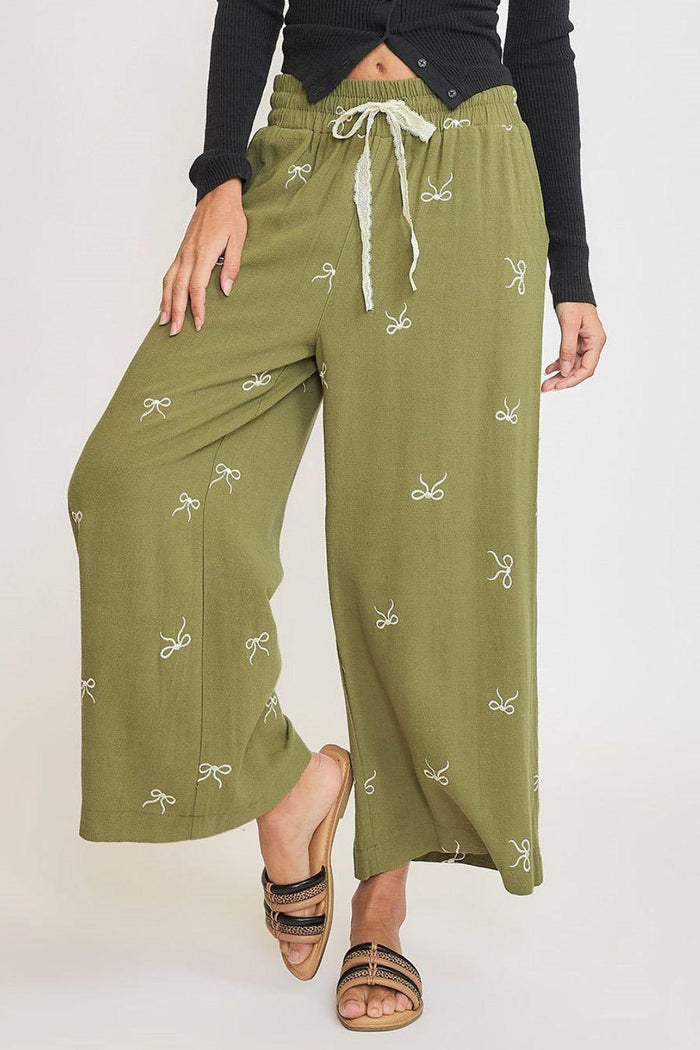 Umgee Full Size Lace Drawstring Embroidered Bow Wide Leg Pants Plus Size - Brittney MADE