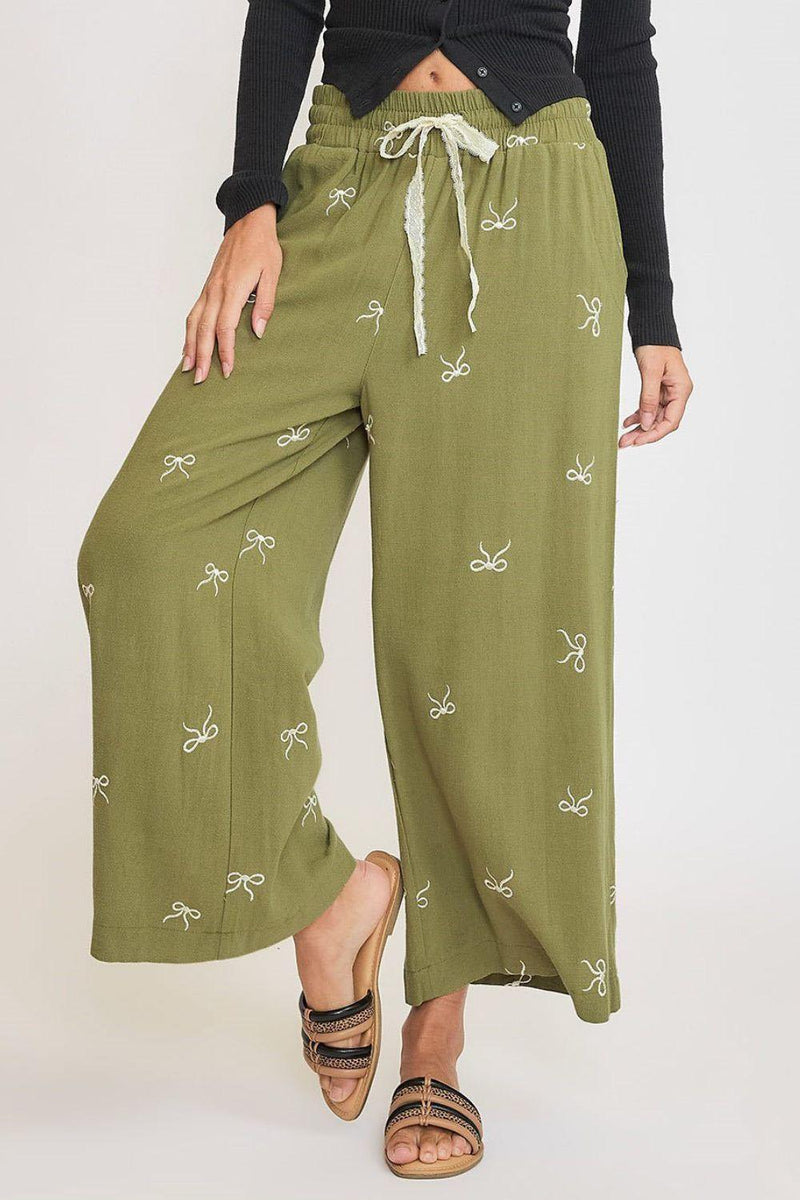 Umgee Full Size Lace Drawstring Embroidered Bow Wide Leg Pants Plus Size - Brittney MADE
