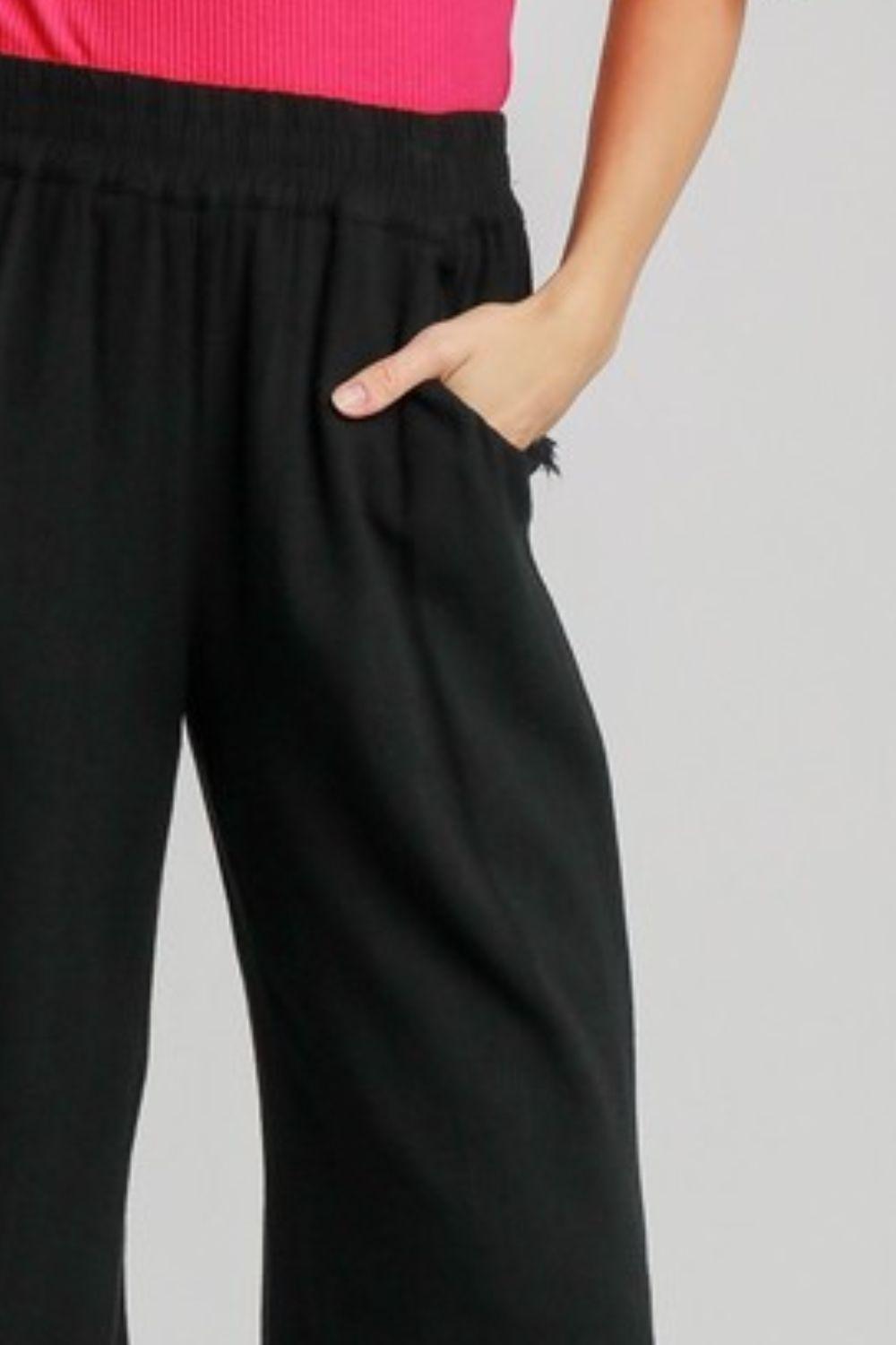 Umgee Full Size Linen Blend Elastic Waistband Wide Leg Pants Plus Size - Brittney MADE