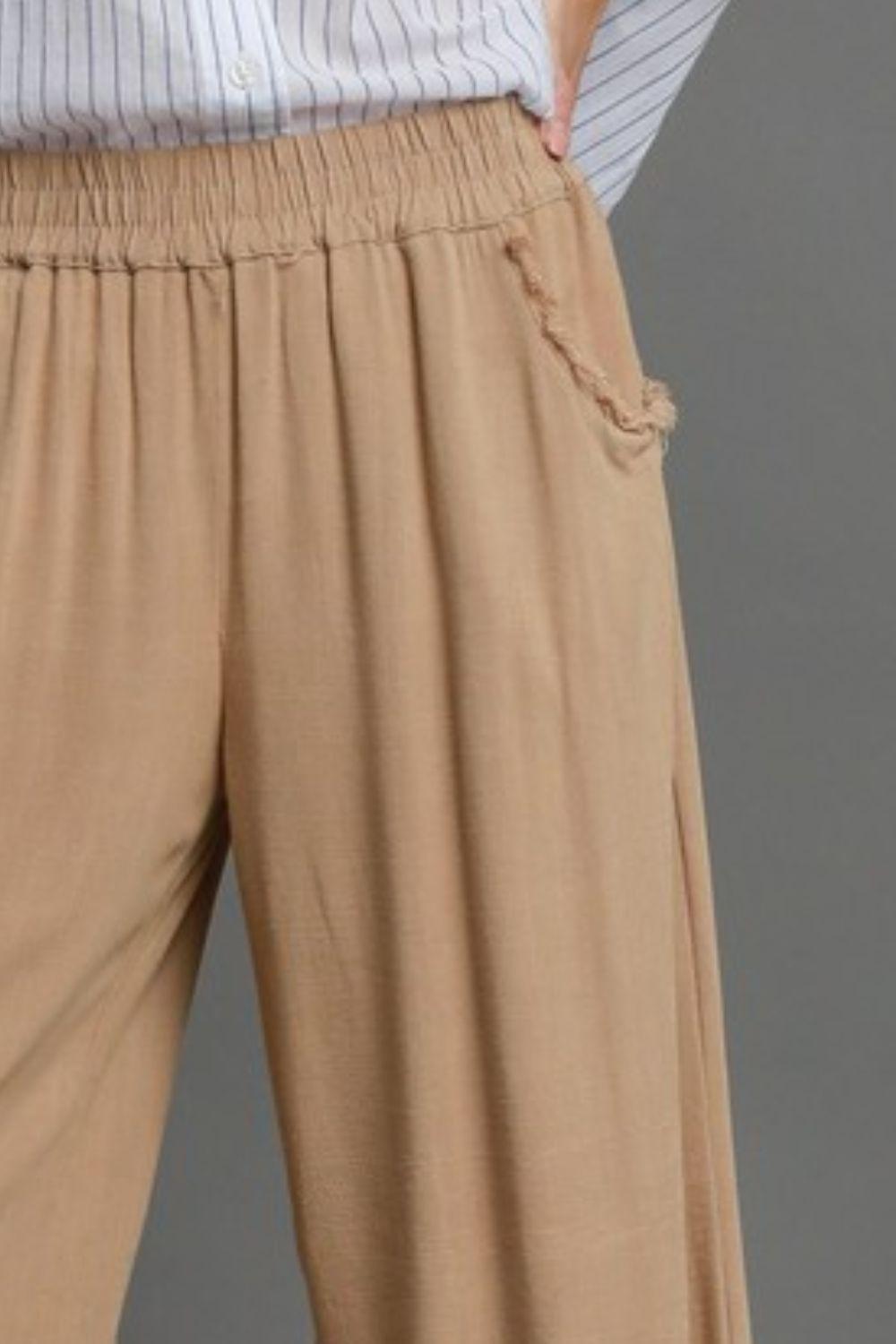 Umgee Full Size Linen Blend Elastic Waistband Wide Leg Pants Plus Size - Brittney MADE