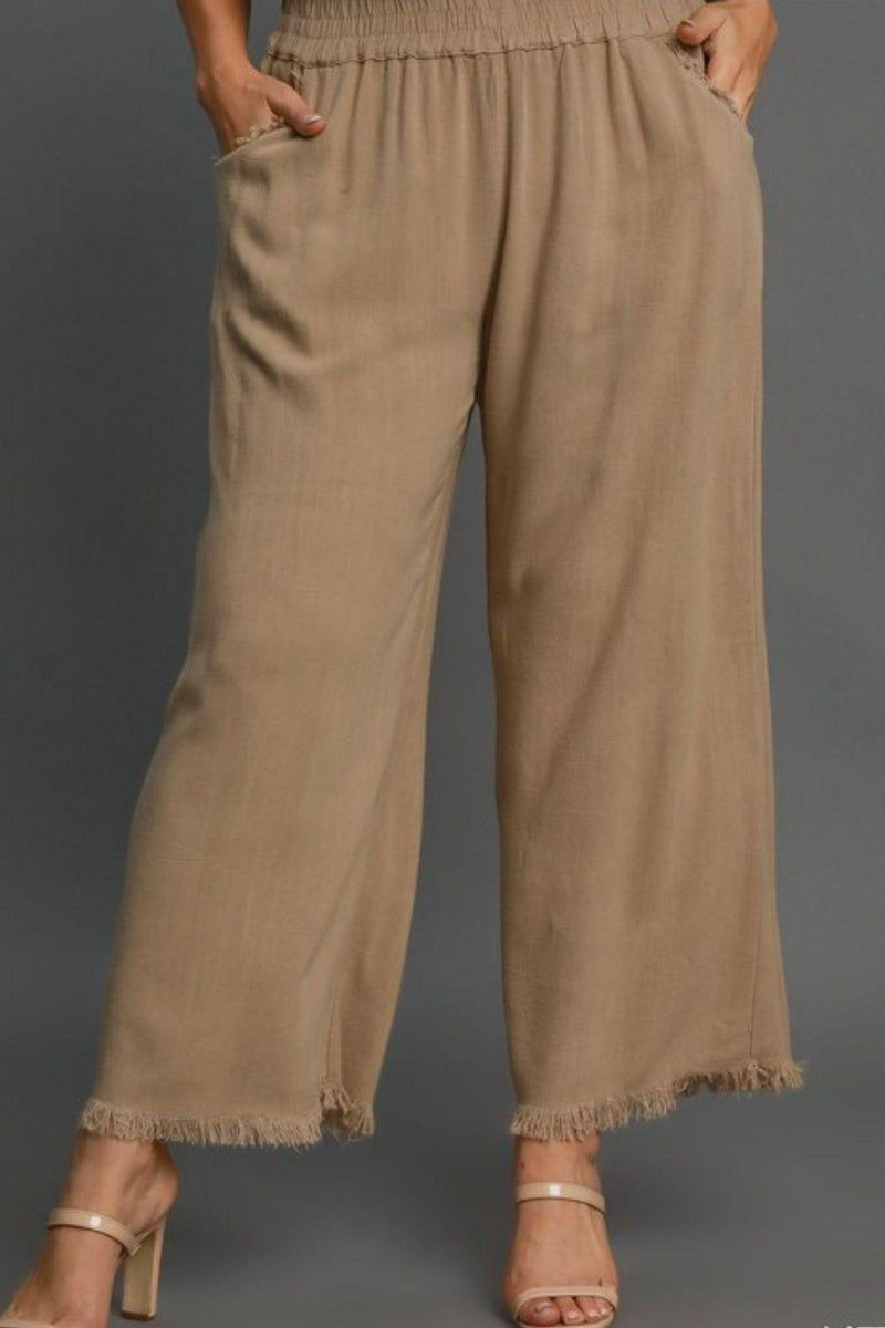 Umgee Full Size Linen Blend Elastic Waistband Wide Leg Pants Plus Size - Brittney MADE