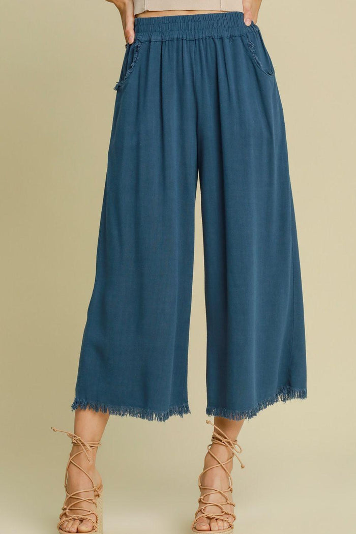 Umgee Full Size Linen Blend Elastic Waistband Wide Leg Pants Plus Size - Brittney MADE