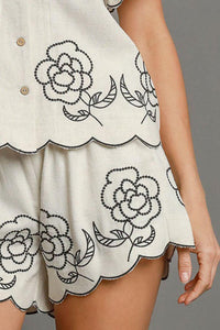 Umgee Full Size Linen Blend Shorts with Floral Embroidered Details Plus Size - Brittney MADE