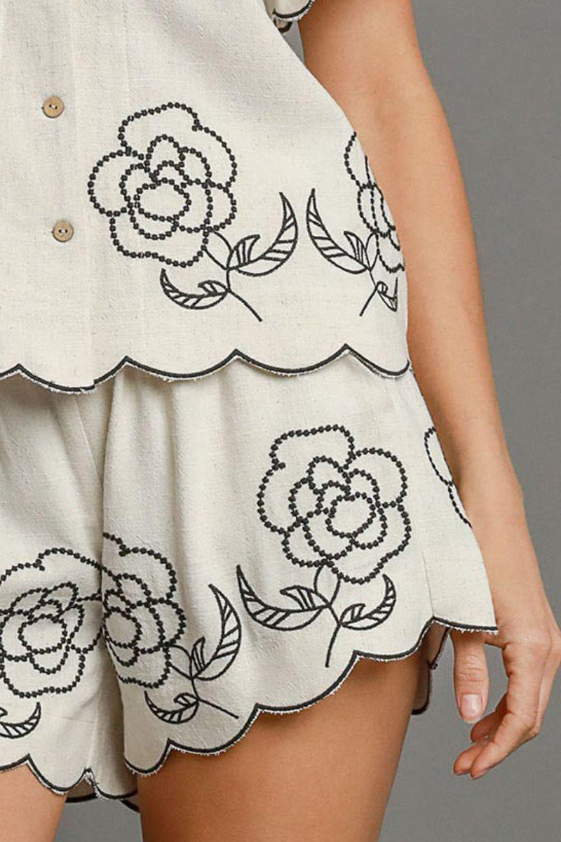 Umgee Full Size Linen Blend Shorts with Floral Embroidered Details Plus Size - Brittney MADE