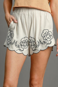Umgee Full Size Linen Blend Shorts with Floral Embroidered Details Plus Size - Brittney MADE