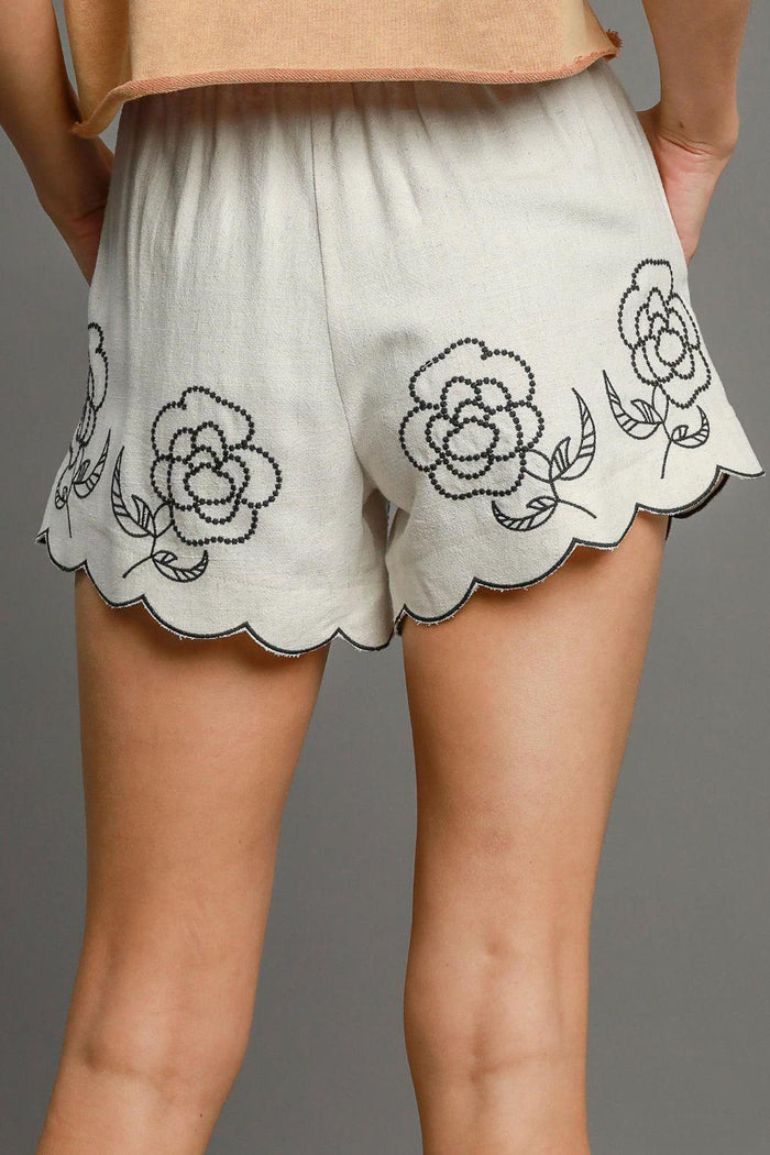 Umgee Full Size Linen Blend Shorts with Floral Embroidered Details Plus Size - Brittney MADE