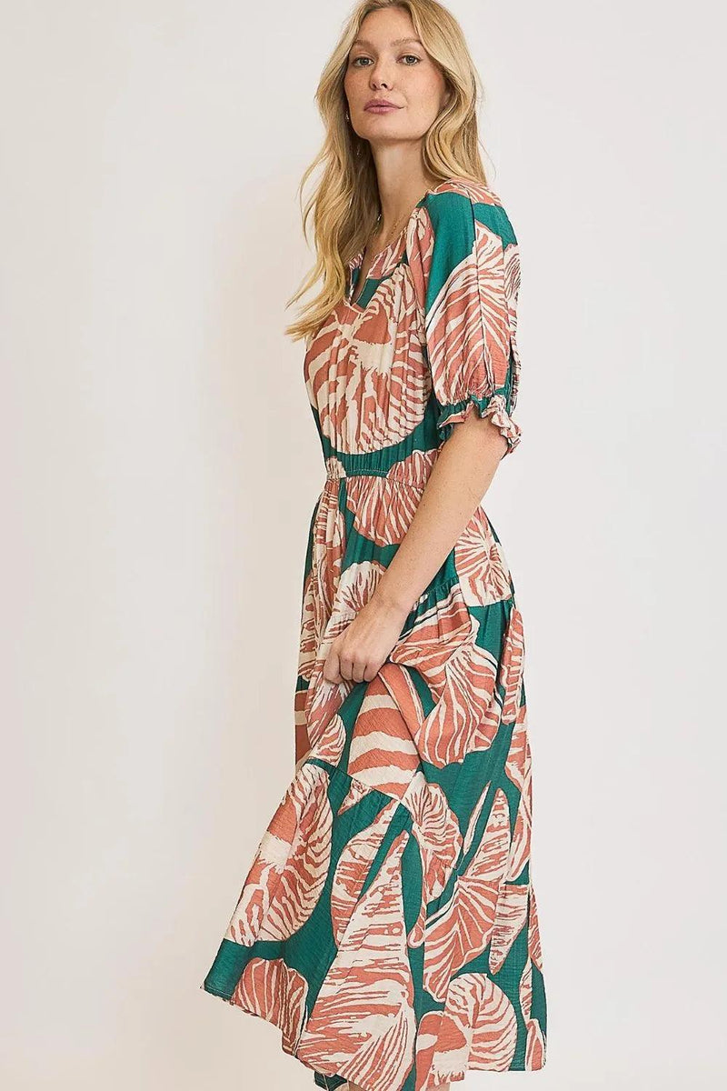 Umgee Full Size Printed Notched Puff Sleeve Midi Dress Plus Size - Brittney MADE