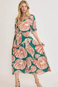 Umgee Full Size Printed Notched Puff Sleeve Midi Dress Plus Size - Brittney MADE
