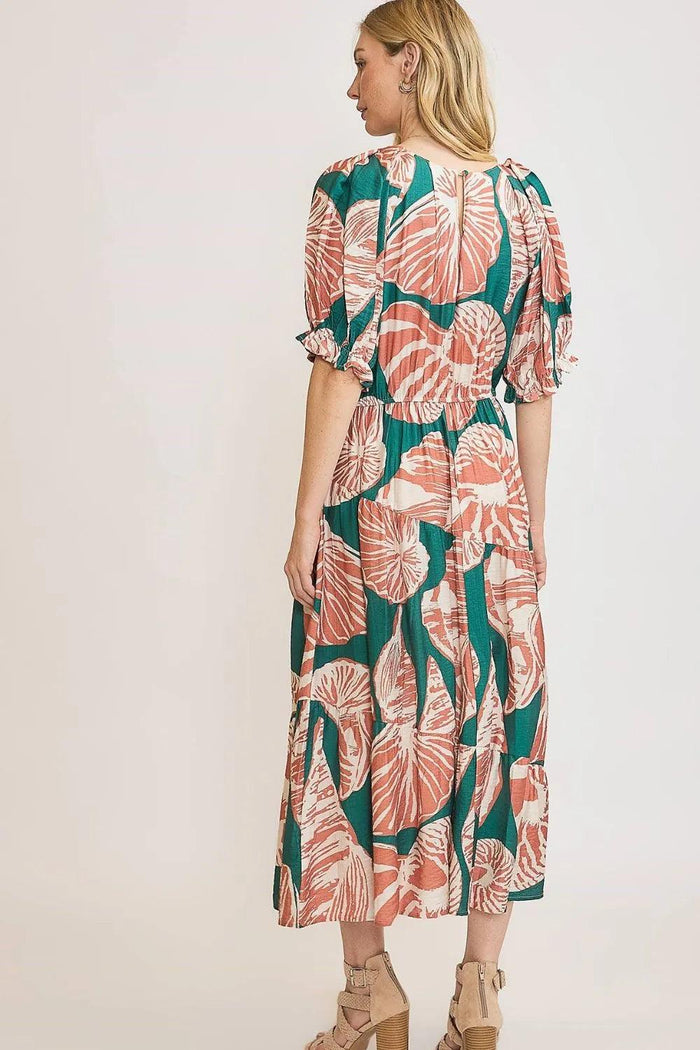 Umgee Full Size Printed Notched Puff Sleeve Midi Dress Plus Size - Brittney MADE
