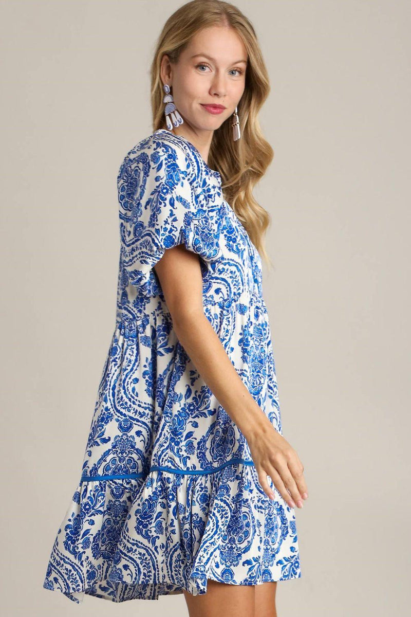 Umgee Full Size Printed Notched Puff Sleeve Mini Dress Plus Size - Brittney MADE