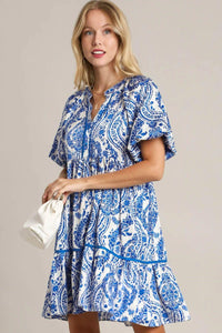 Umgee Full Size Printed Notched Puff Sleeve Mini Dress Plus Size - Brittney MADE