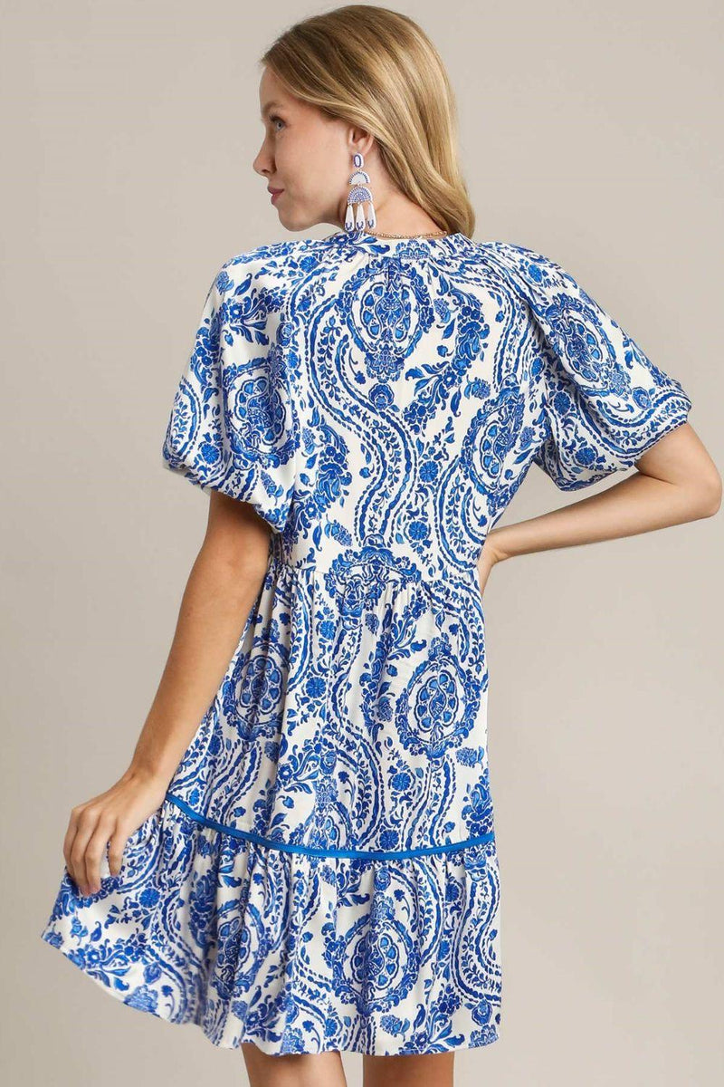 Umgee Full Size Printed Notched Puff Sleeve Mini Dress Plus Size - Brittney MADE