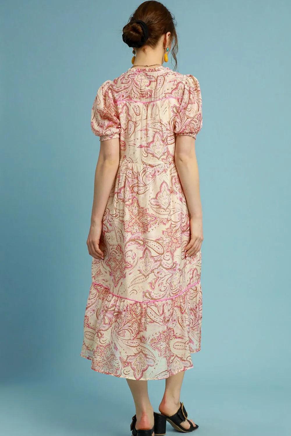 Umgee Full Size Printed Puff Short Sleeve Midi Dress Plus Size - Brittney MADE
