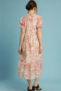 Umgee Full Size Printed Puff Short Sleeve Midi Dress Plus Size - Brittney MADE