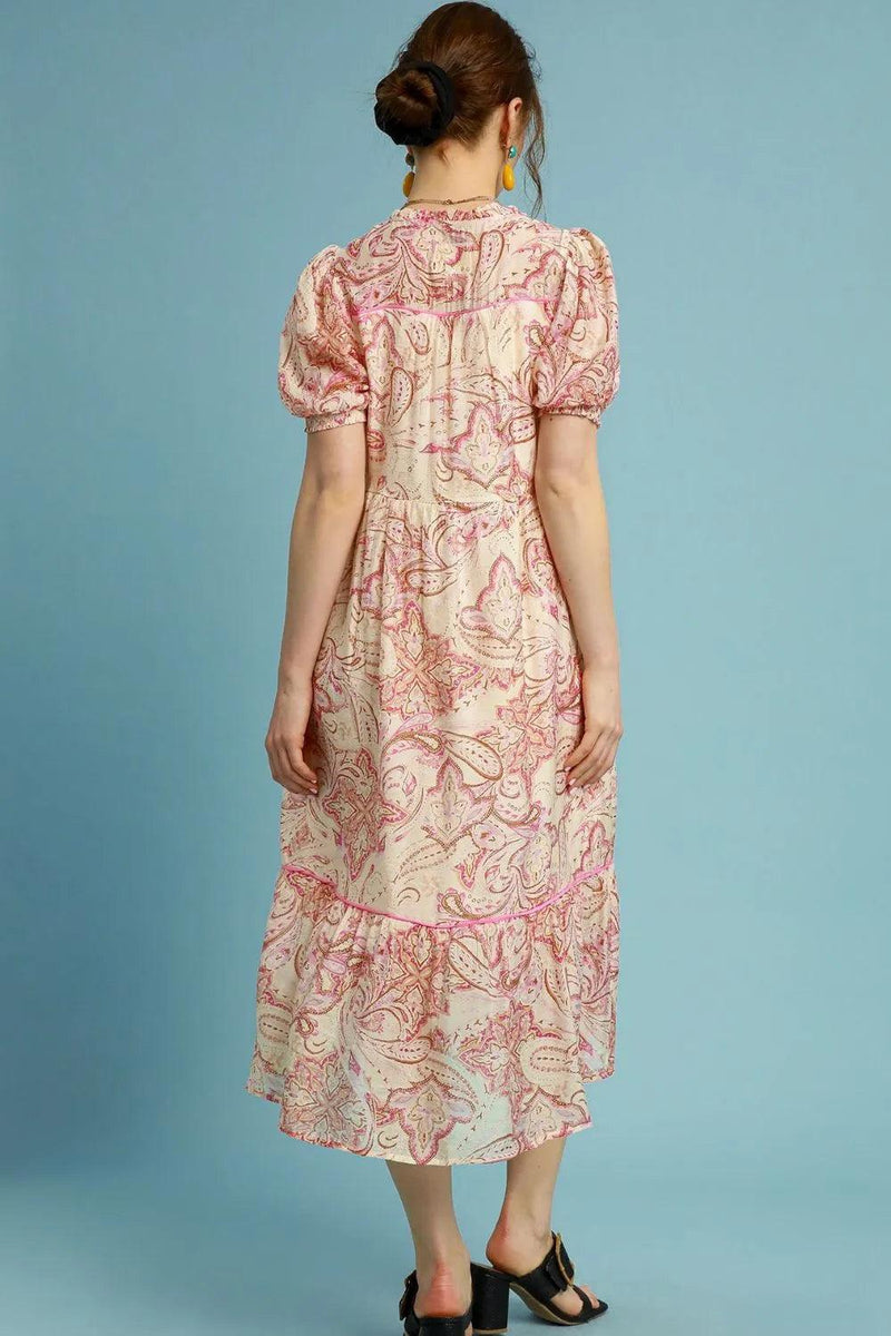 Umgee Full Size Printed Puff Short Sleeve Midi Dress Plus Size - Brittney MADE