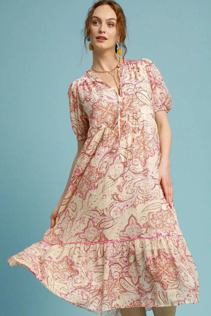 Umgee Full Size Printed Puff Short Sleeve Midi Dress Plus Size - Brittney MADE