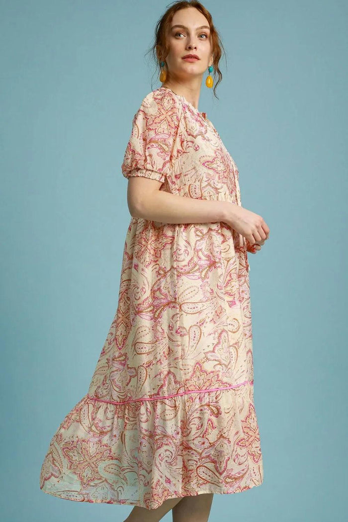 Umgee Full Size Printed Puff Short Sleeve Midi Dress Plus Size - Brittney MADE