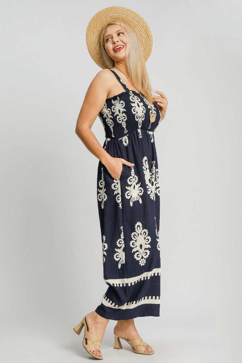 Umgee Full Size Smocked Printed Wide Leg Jumpsuit Plus Size - Brittney MADE
