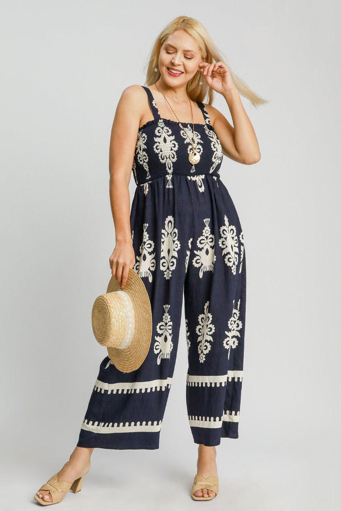 Umgee Full Size Smocked Printed Wide Leg Jumpsuit Plus Size - Brittney MADE