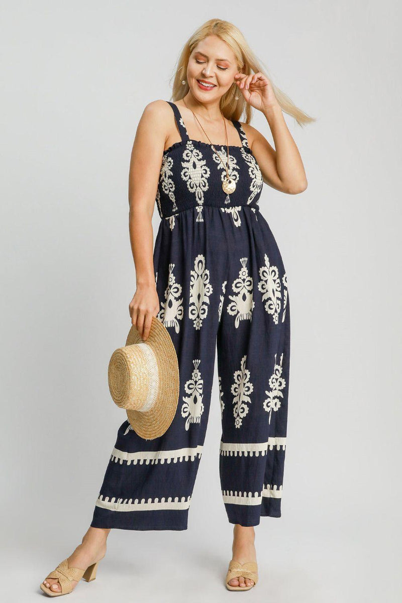 Umgee Full Size Smocked Printed Wide Leg Jumpsuit Plus Size - Brittney MADE
