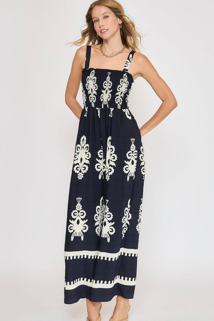 Umgee Full Size Smocked Printed Wide Leg Jumpsuit Plus Size - Brittney MADE