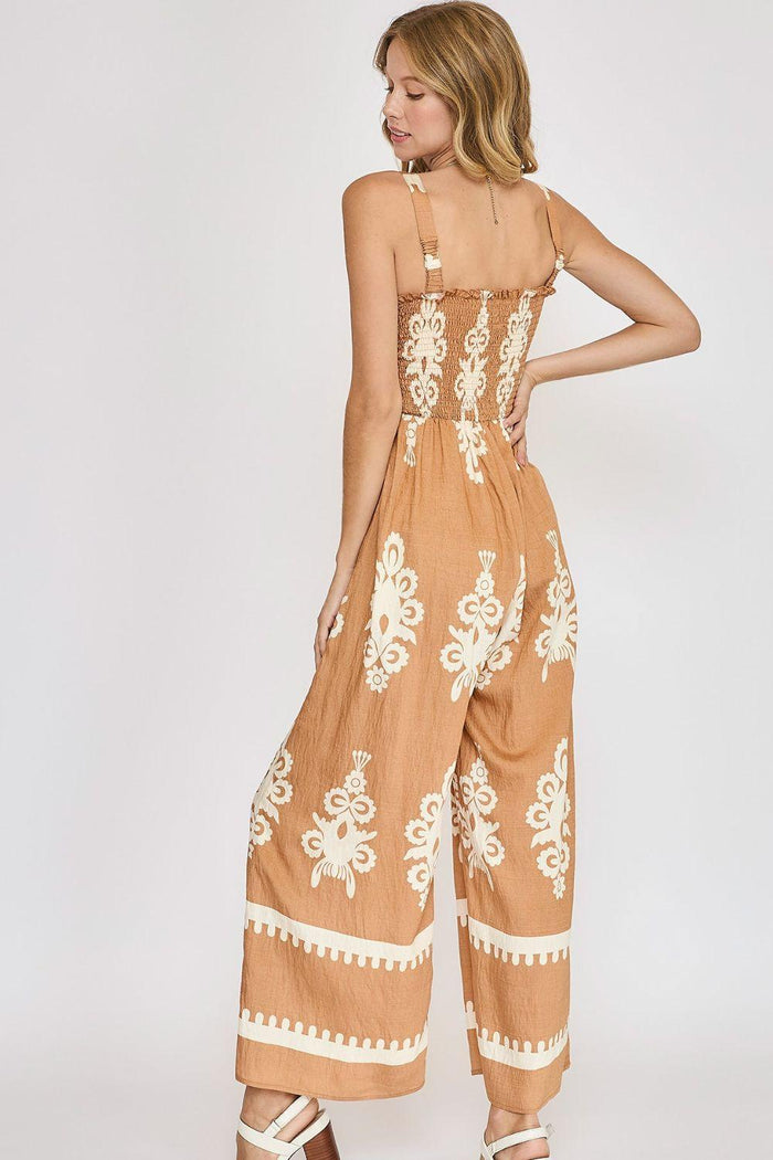 Umgee Full Size Smocked Printed Wide Leg Jumpsuit Plus Size - Brittney MADE