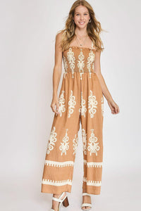 Umgee Full Size Smocked Printed Wide Leg Jumpsuit Plus Size - Brittney MADE
