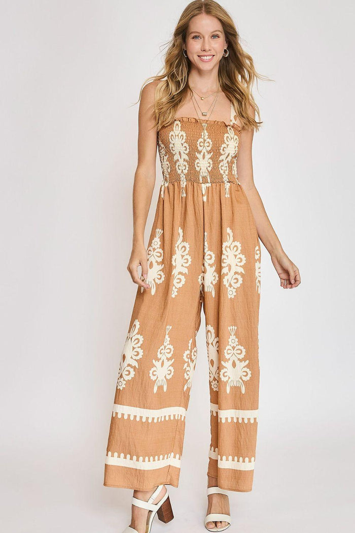 Umgee Full Size Smocked Printed Wide Leg Jumpsuit Plus Size - Brittney MADE