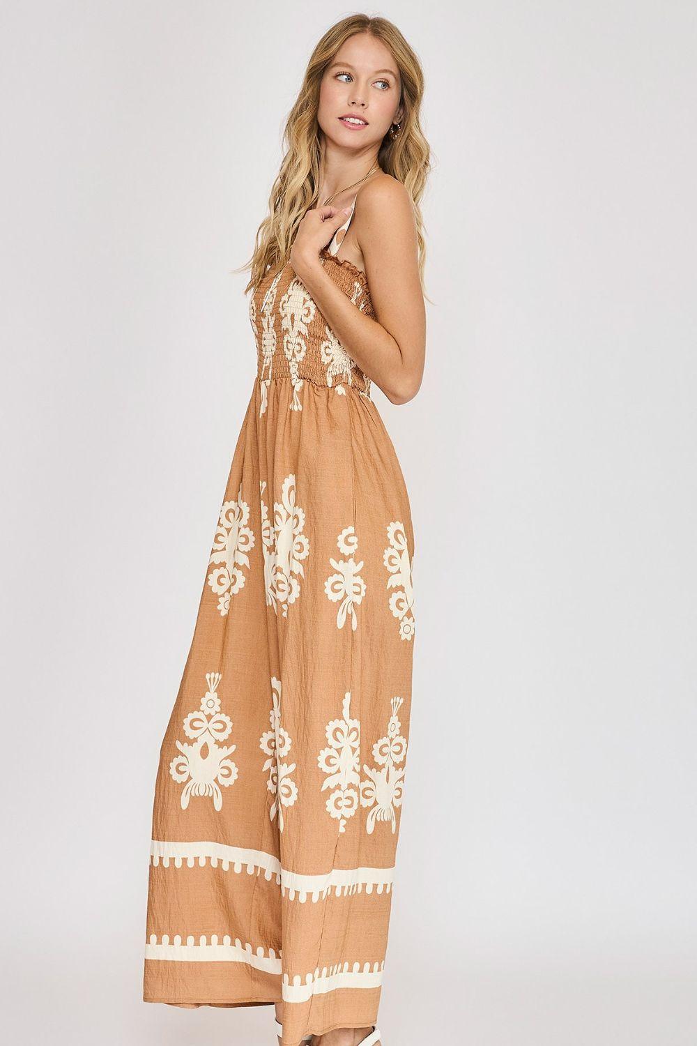 Umgee Full Size Smocked Printed Wide Leg Jumpsuit Plus Size - Brittney MADE