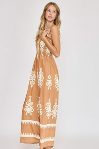 Umgee Full Size Smocked Printed Wide Leg Jumpsuit Plus Size - Brittney MADE