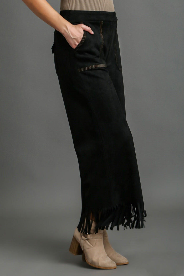 Umgee Full Size Suede Fringe Hem Wide Leg Pants Plus Size - Brittney MADE