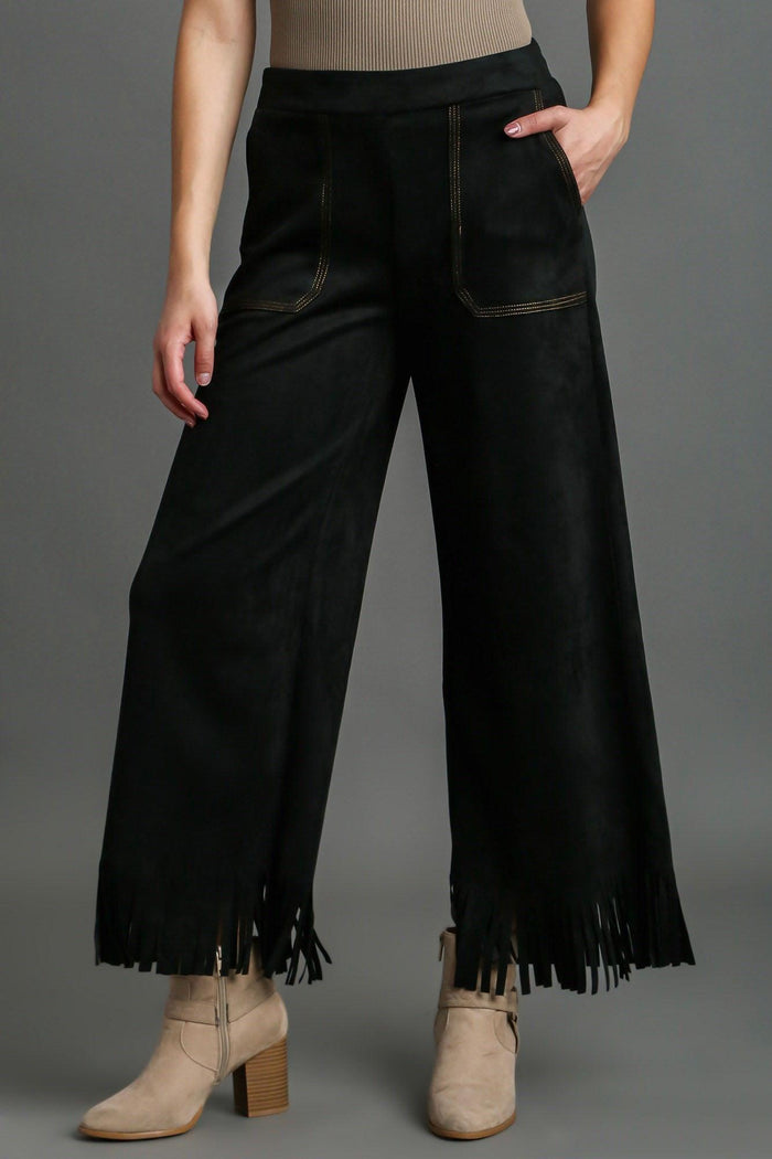 Umgee Full Size Suede Fringe Hem Wide Leg Pants Plus Size - Brittney MADE