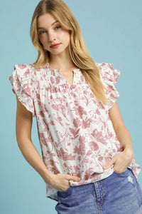 Umgee Full Size Two Tone Boxy Cut Floral Print Blouse Plus Size - Brittney MADE