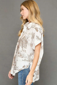 Umgee Full Size Two Tone Print Button Up Short Sleeve Shirt Plus Size - Brittney MADE