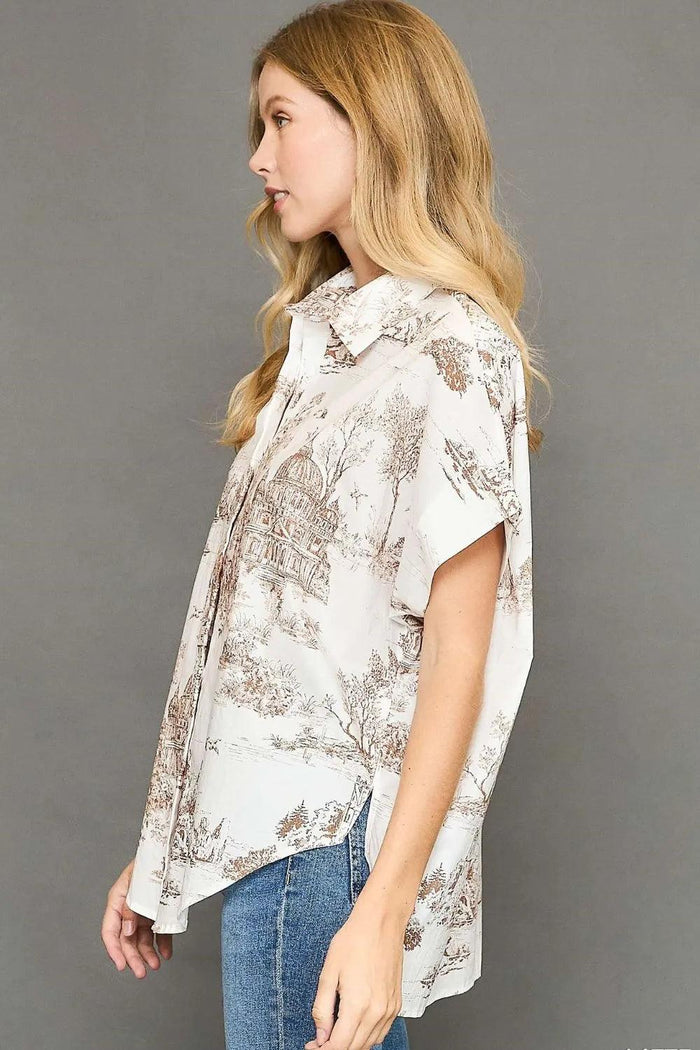 Umgee Full Size Two Tone Print Button Up Short Sleeve Shirt Plus Size - Brittney MADE