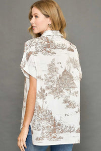 Umgee Full Size Two Tone Print Button Up Short Sleeve Shirt Plus Size - Brittney MADE