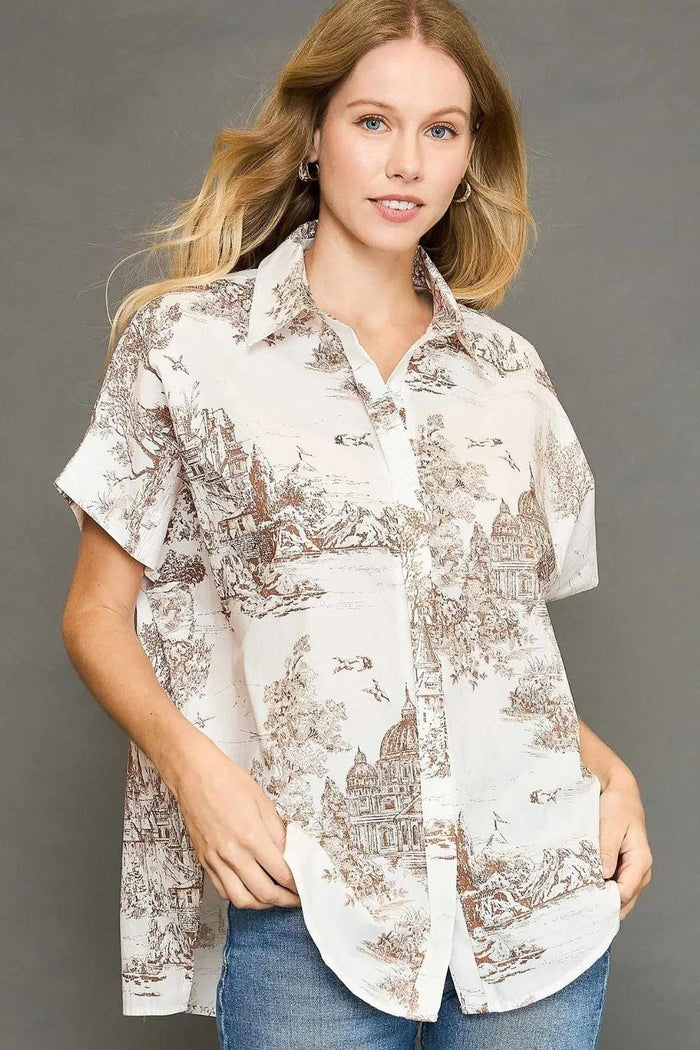 Umgee Full Size Two Tone Print Button Up Short Sleeve Shirt Plus Size - Brittney MADE