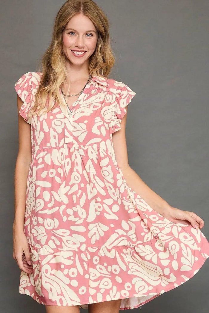 Umgee Full Size Two Tone Printed Ruffled Cap Sleeve Mini Dress Plus Size - Brittney MADE
