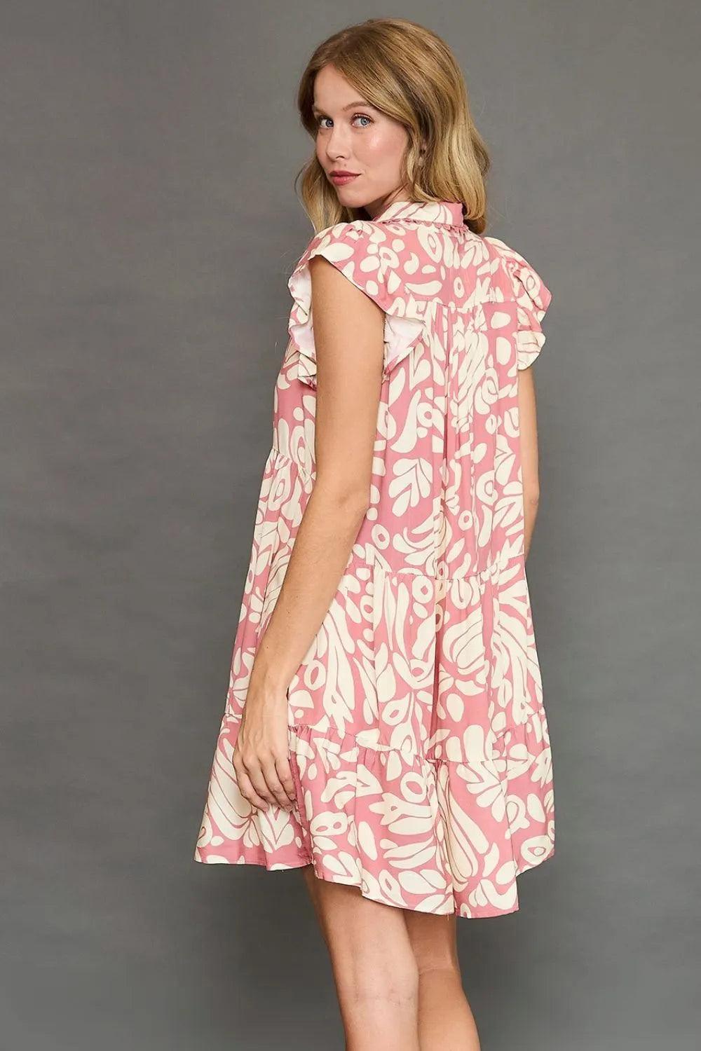 Umgee Full Size Two Tone Printed Ruffled Cap Sleeve Mini Dress Plus Size - Brittney MADE